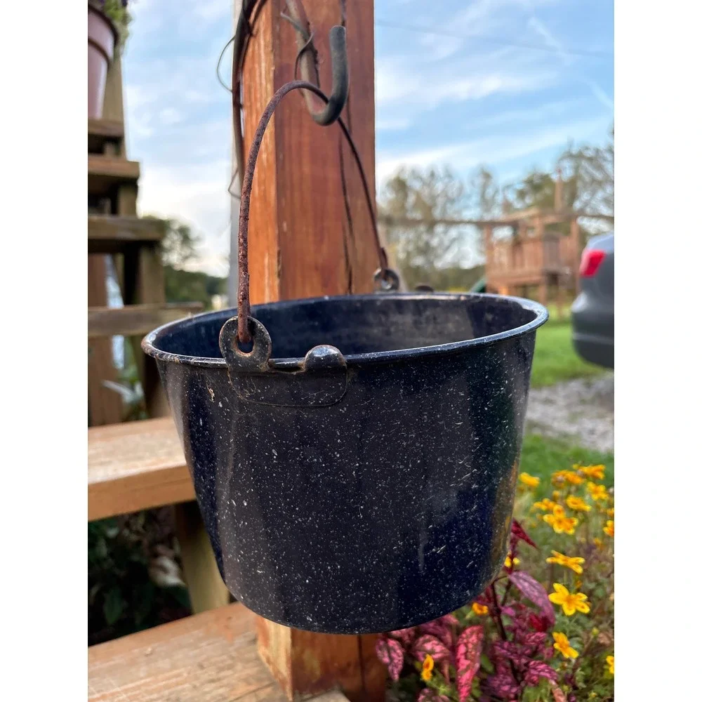 Vintage Cobalt Blue Speckled Enamelware Farmhouse Wire Handle Berry Pail 6 inch